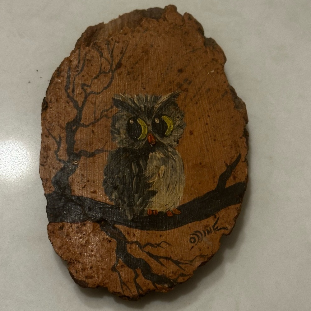 Vintage MCM Hand Painted Owl On Wood Slice Signed 1960s Rustic